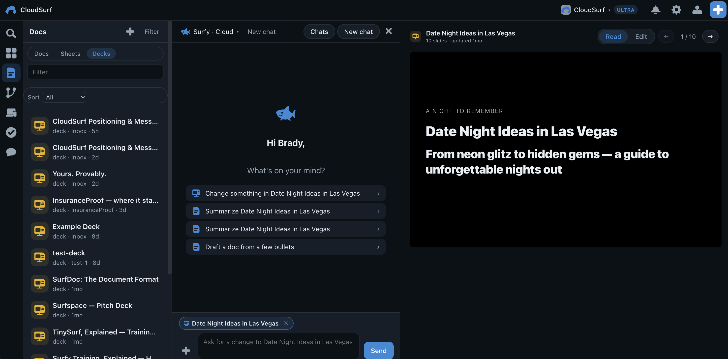 A real CloudSurf slide deck with slide navigation and Surfy beside it